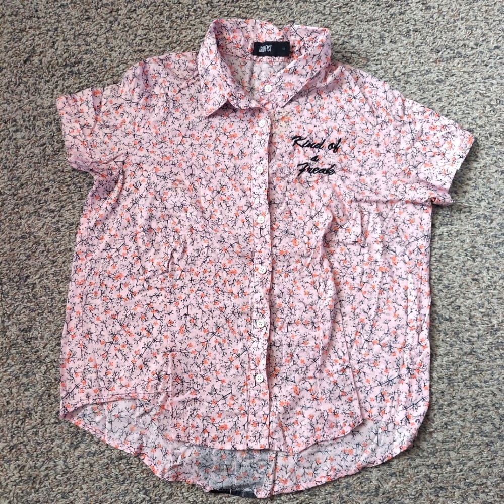 Iron Fist Shirt Womens M Pink Kind of a Freak Spine Floral Button Up Punk Goth